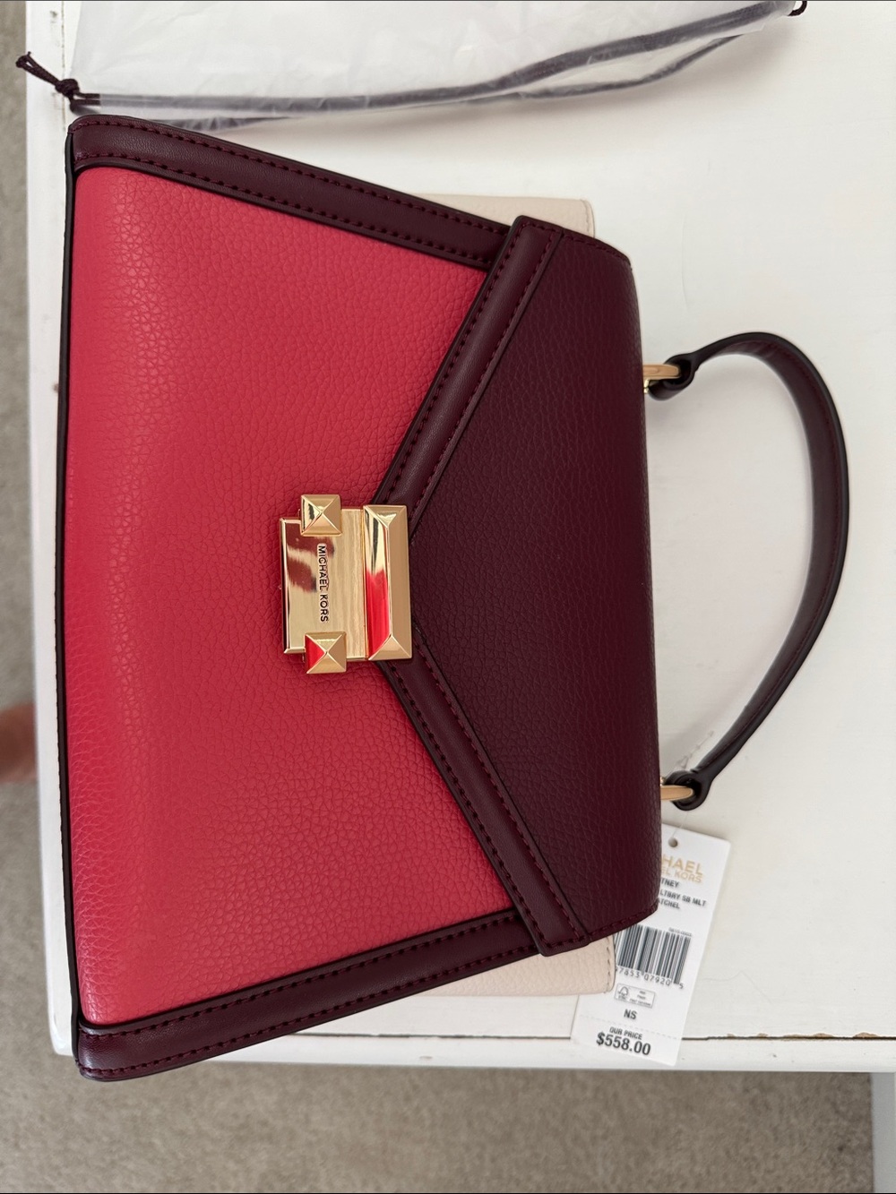 NWT Michael Kors Red & Burgundy Leather Top-Handle Satchel with cross body strap